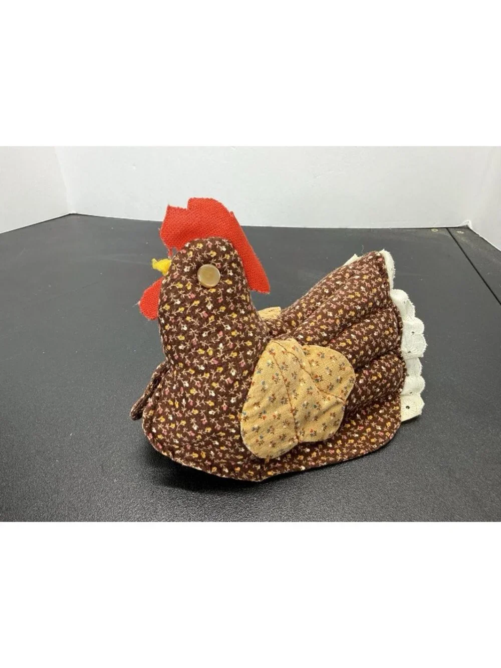 Vintage Chicken Rooster Pot Holder Brown Floral Print Stuffed Hen Country